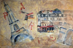 "PARIS" by Susie Stockholm, collage and acrylic on canvas, 40" x 60"