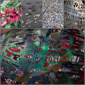 Photo collage from cool sculpture, flora and bits of tile at Palo Alto Art Center